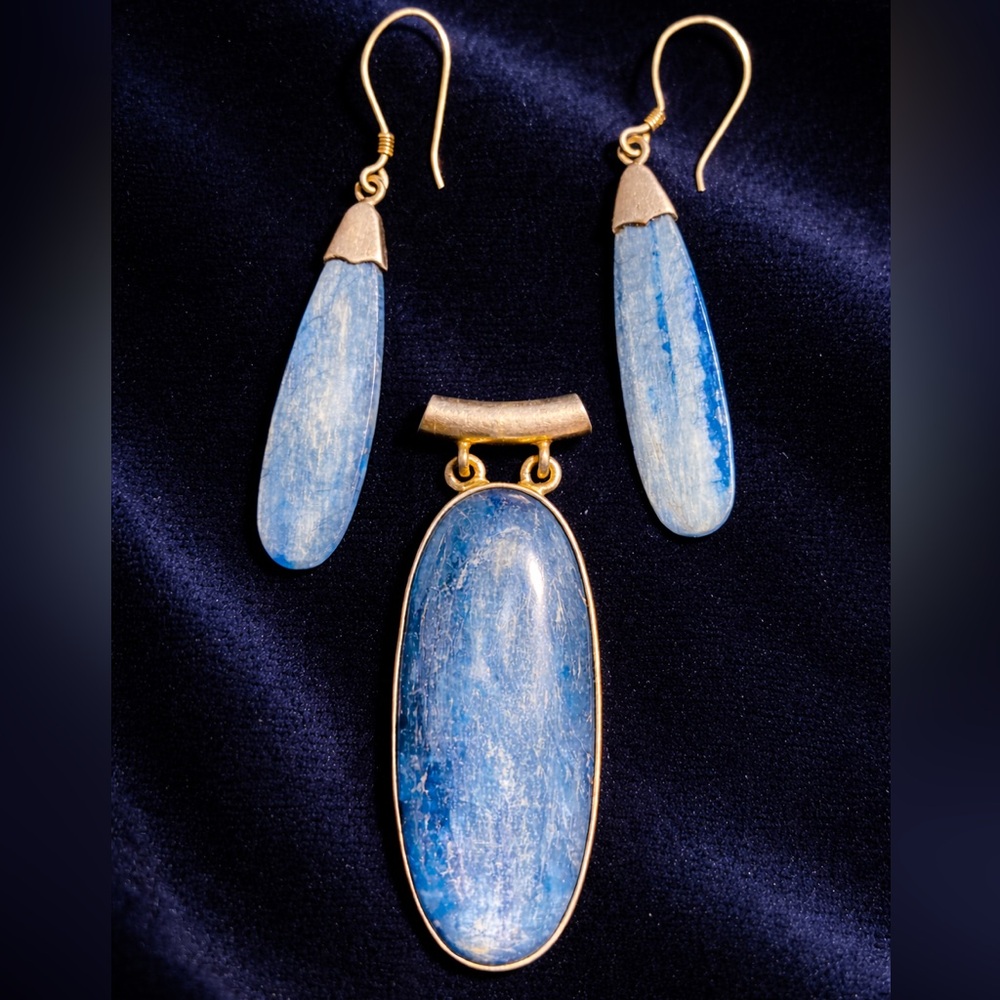 Vintage Kyanite & Sterling Silver Jewelry Set | Earrings + Pendant | 925